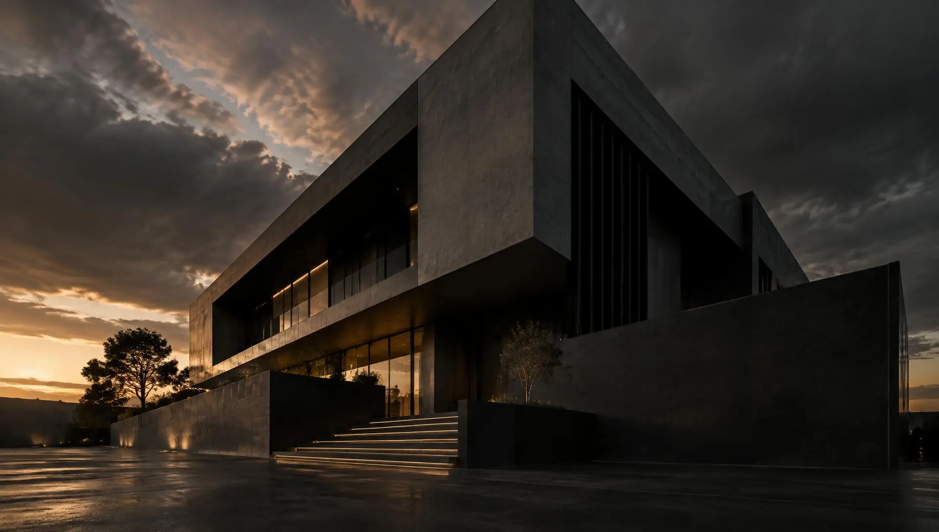 Monolithic concrete commercial building at dusk